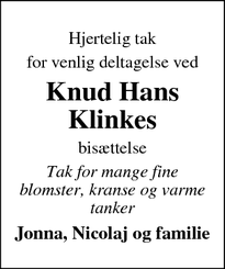 Taksigelsen for  Knud Hans
Klinkes - Jyllinge