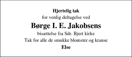 Dødsannoncen for Børge I. E. Jakobsens - Sdr. Bjert