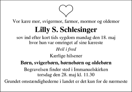 Dødsannoncen for Lilly S. Schlesinger - Kolding
