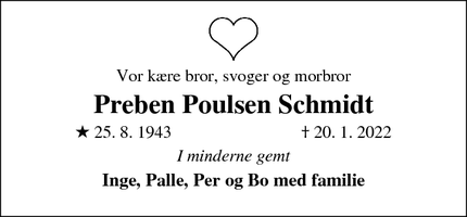 Dødsannoncen for Preben Poulsen Schmidt - Kolding