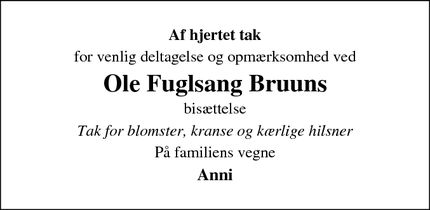 Dødsannoncen for Ole Fuglsang Bruuns - 6000 Kolding