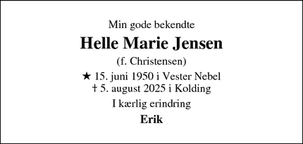 Dødsannoncen for Helle Marie Jensen - 8361Hasselager