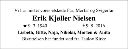 Dødsannoncen for Erik Kjøller Nielsen - Kolding