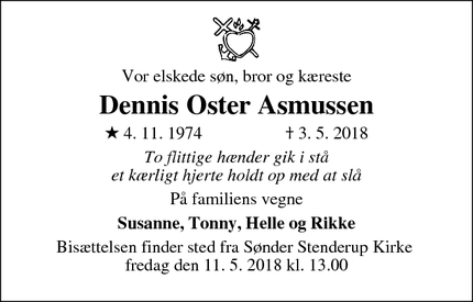 Dødsannoncen for Dennis Oster Asmussen - Sønder Stenderup