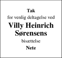 Dødsannoncen for Villy Heinrich Sørensens  - Agtrup