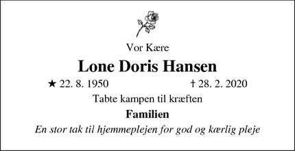 Dødsannoncen for Lone Doris Hansen - Korsør