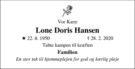 Dødsannoncen for Lone Doris Hansen - Korsør