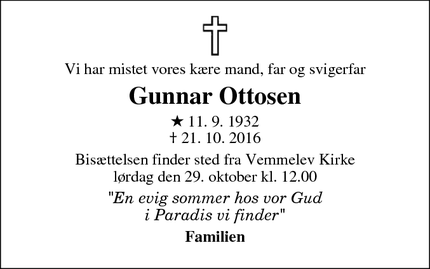 Dødsannoncen for Gunnar Ottosen - Vemmelev