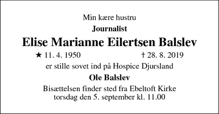 Dødsannoncen for Elise Marianne Eilertsen Balslev - Ebeltoft