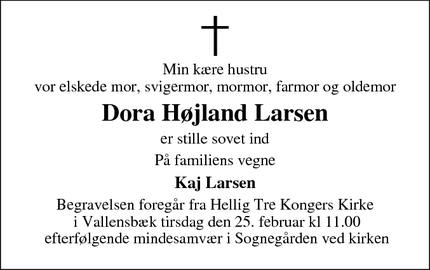 Dødsannoncen for Dora Højland Larsen - Vallensbæk