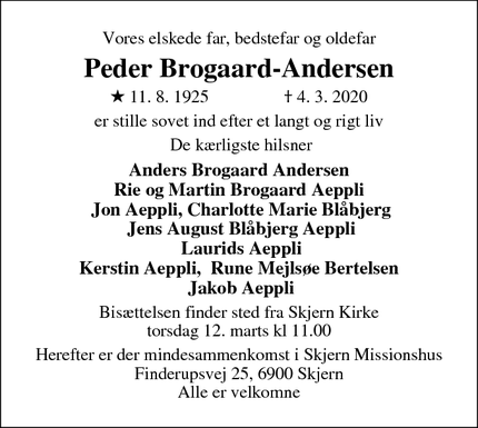 Dødsannoncen for Peder Brogaard-Andersen - Skjern