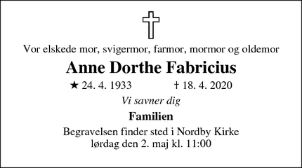 Dødsannoncen for Anne Dorthe Fabricius - Nordby, Samsø