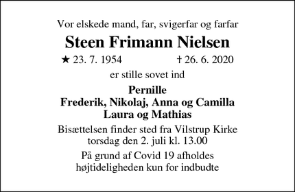 Dødsannoncen for Steen Frimann Nielsen - Haderslev