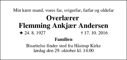 Dødsannoncen for Overlærer 
Flemming Ankjær Andersen - Håstrup