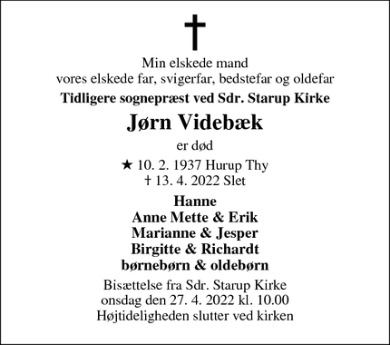 Dødsannoncen for Jørn Videbæk - Haderslev/Slet