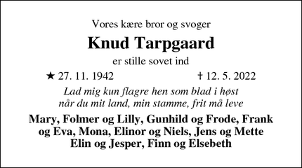 Dødsannoncen for Knud Tarpgaard - Holstebro