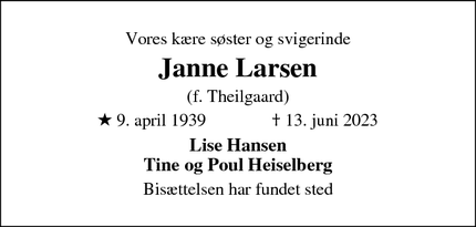 Dødsannoncen for Janne Larsen - slaglille