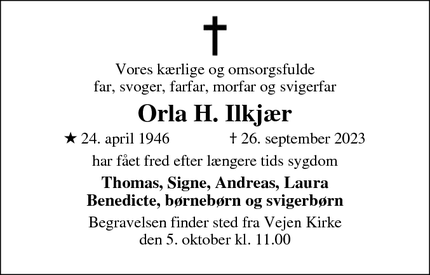 Dødsannoncen for Orla H. Ilkjær - Smørum