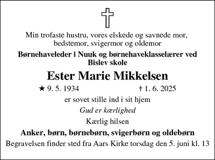 Dødsannoncen for Ester Marie Mikkelsen - Aars