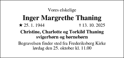 Dødsannoncen for Inger Margrethe Thaning - Frederiksberg C