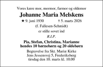 Dødsannoncen for Johanne Maria Melskens - Brøndbyøster
