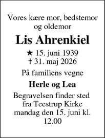 Dødsannoncen for Lis Ahrenkiel - Haslev
