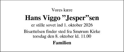 Dødsannoncen for Hans Viggo &rdquo;Jesper&rdquo;sen - Smørum