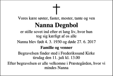 Dødsannoncen for Nanna Degnbol - Frederikssund