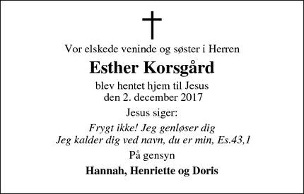 Dødsannoncen for Esther Korsgård  - HELSINGE