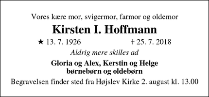 Dødsannoncen for Kirsten I. Hoffmann - Højslev