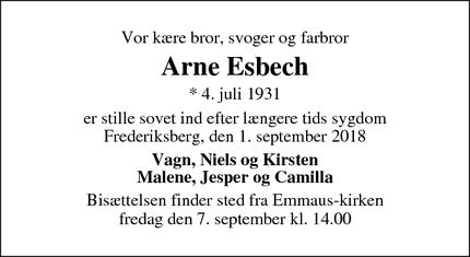 Dødsannoncen for Arne Esbech - Frederiksberg