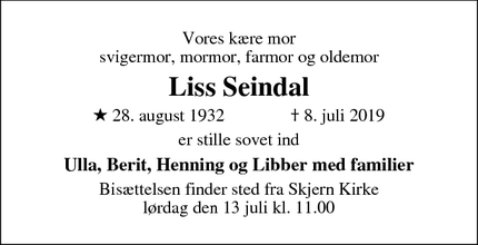 Dødsannoncen for Liss Seindal - Skjern