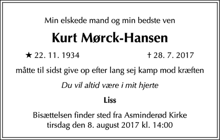 Dødsannoncen for    Kurt Mørck-Hansen - Fredensborg