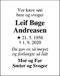 Dødsannoncen for  Leif Bøge Andreasen - Græsted