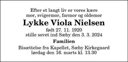 Dødsannoncen for Lykke Viola Nielsen - Vodskov