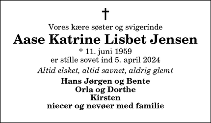 Dødsannoncen for Aase Katrine Lisbet Jensen - Sæby