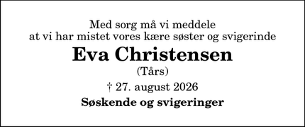 Dødsannoncen for Eva Christensen - Tårs