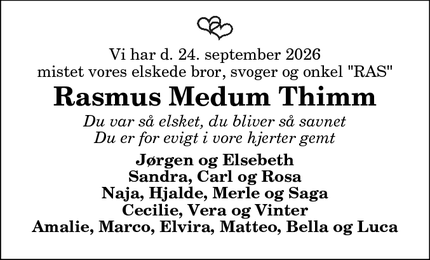 Dødsannoncen for Rasmus Medum Thimm - Hadsund