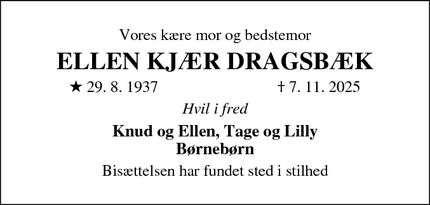 Dødsannoncen for ELLEN KJ&AElig;R DRAGSB&AElig;K - Brønderslev