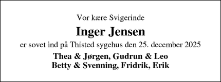 Dødsannoncen for Inger Jensen - Hurup