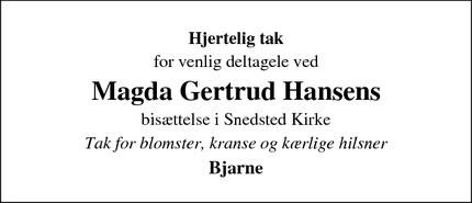 Taksigelsen for Magda Gertrud Hansen - Snedsted