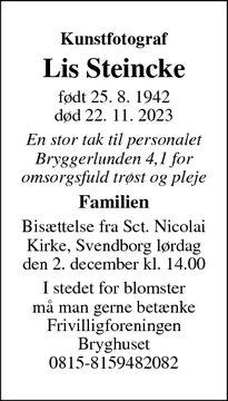 Dødsannoncen for Lis Steincke - Svendborg