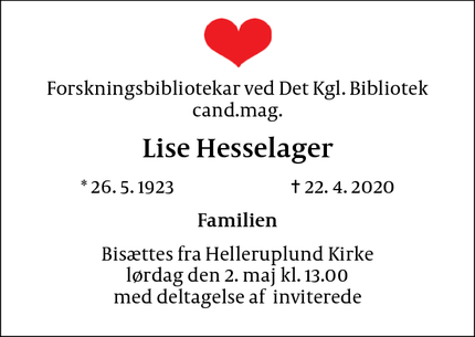 Dødsannoncen for  Lise Hesselager - Kbh.N