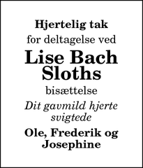 Dødsannoncen for  Lise Bach
Sloths - 9480 Løkken