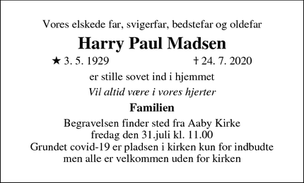 Dødsannoncen for Harry Paul Madsen - Aabybro