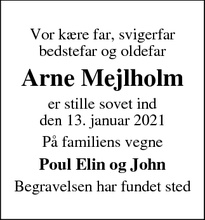 Dødsannoncen for Arne Mejlholm - Kaas