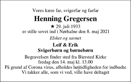Dødsannoncen for Henning Gregersen - Nørhalne