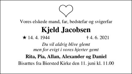 Dødsannoncen for Kjeld Jacobsen - Biersted