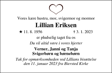 Dødsannoncen for Lillian Eriksen - Vodskov