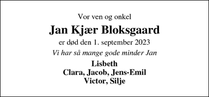 Dødsannoncen for Jan Kjær Bloksgaard - Aalborg